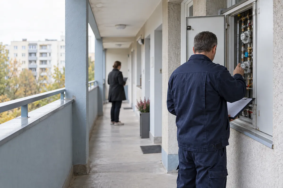 Technik sprawdza instalację w budynku wielorodzinnym